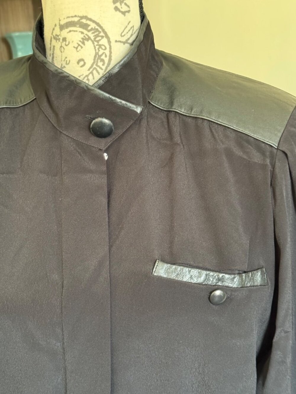 Vintage Erena By Irene Koenig Black Blouse Leather Trim Peplum Size 6 - Picture 2 of 12
